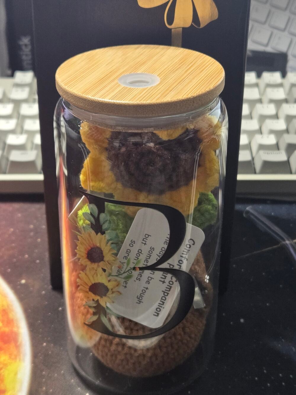 Letter B Glass Straw Cup Crochet Sunflower Thank You Gift Set New Open Box